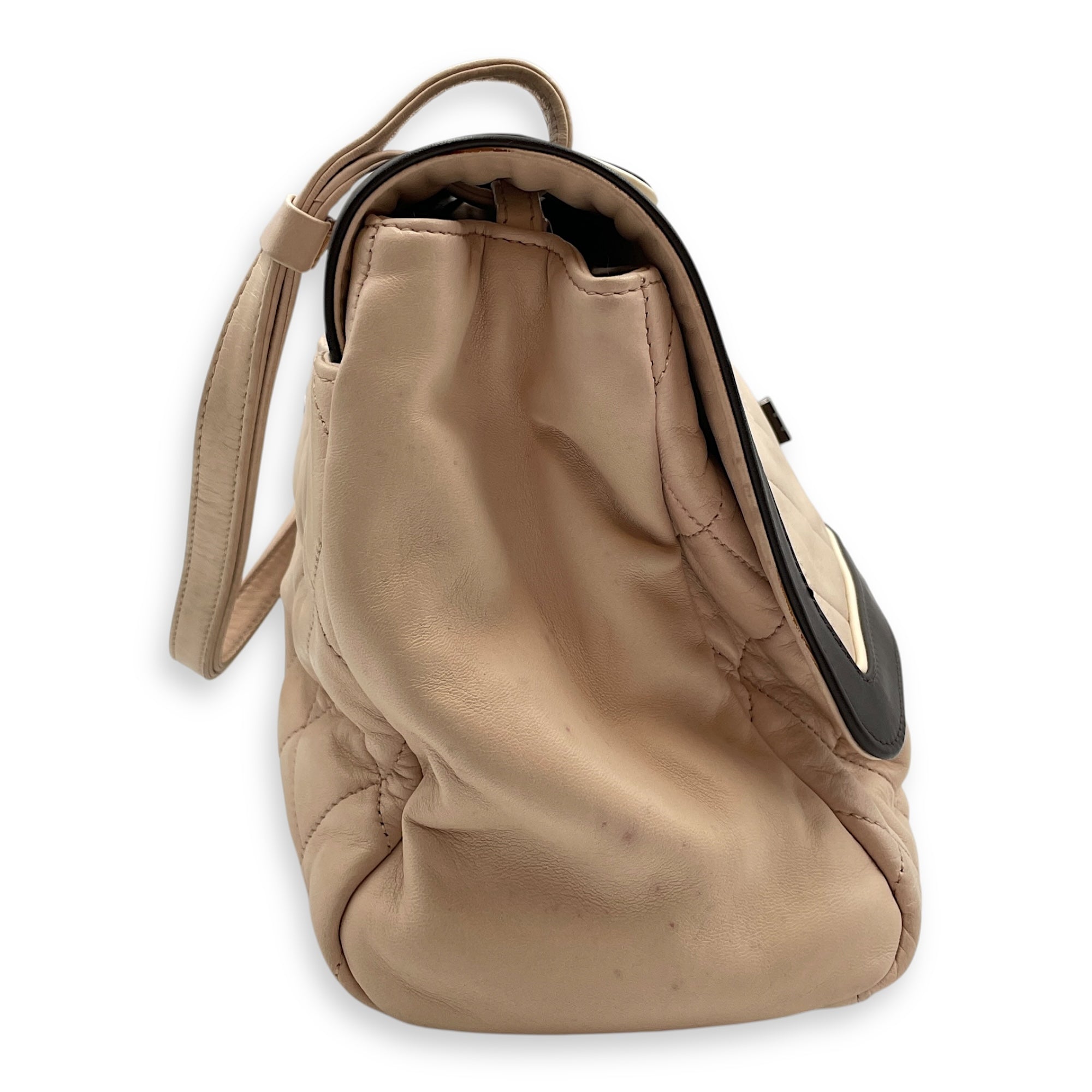 Two Tone Mademoiselle Lock Flap Beige Sholder bag in Lambskin, Silver hardware - Image 4