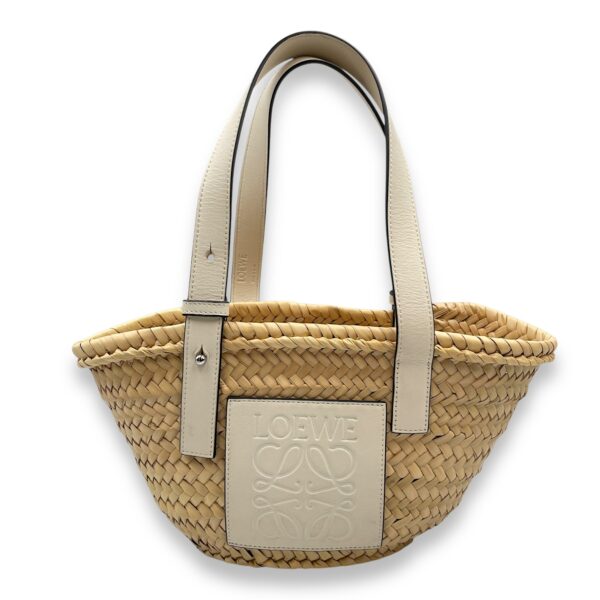 Basket Small White Top Handle Bag in Rattan, Silver hardware