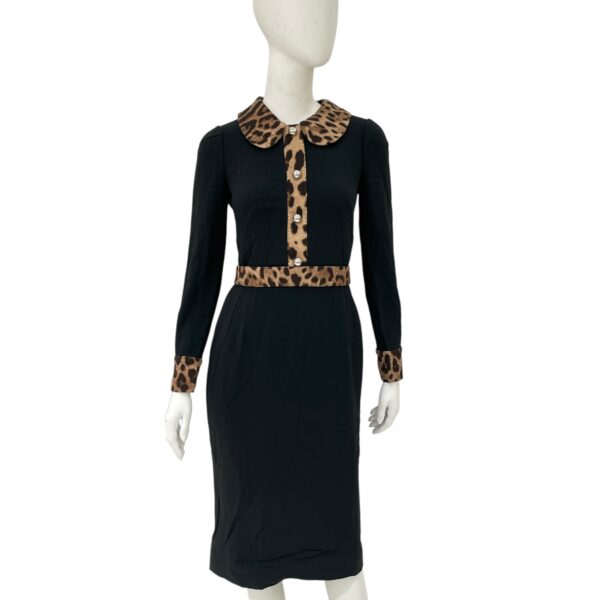 Long Sleeved with Leopard Trim Cady Dress 38 Black Ready-To-Wear in Viscose, Silver hardware