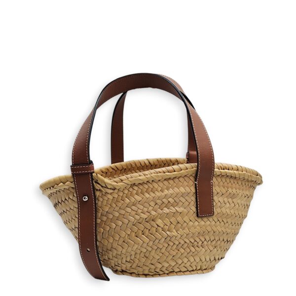 Basket Brown Top Handle Bag in Rattan, Silver hardware - Image 3