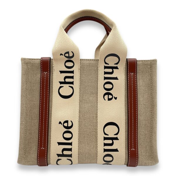 Woody Small Beige Tote Bag in Canvas, Gold hardware