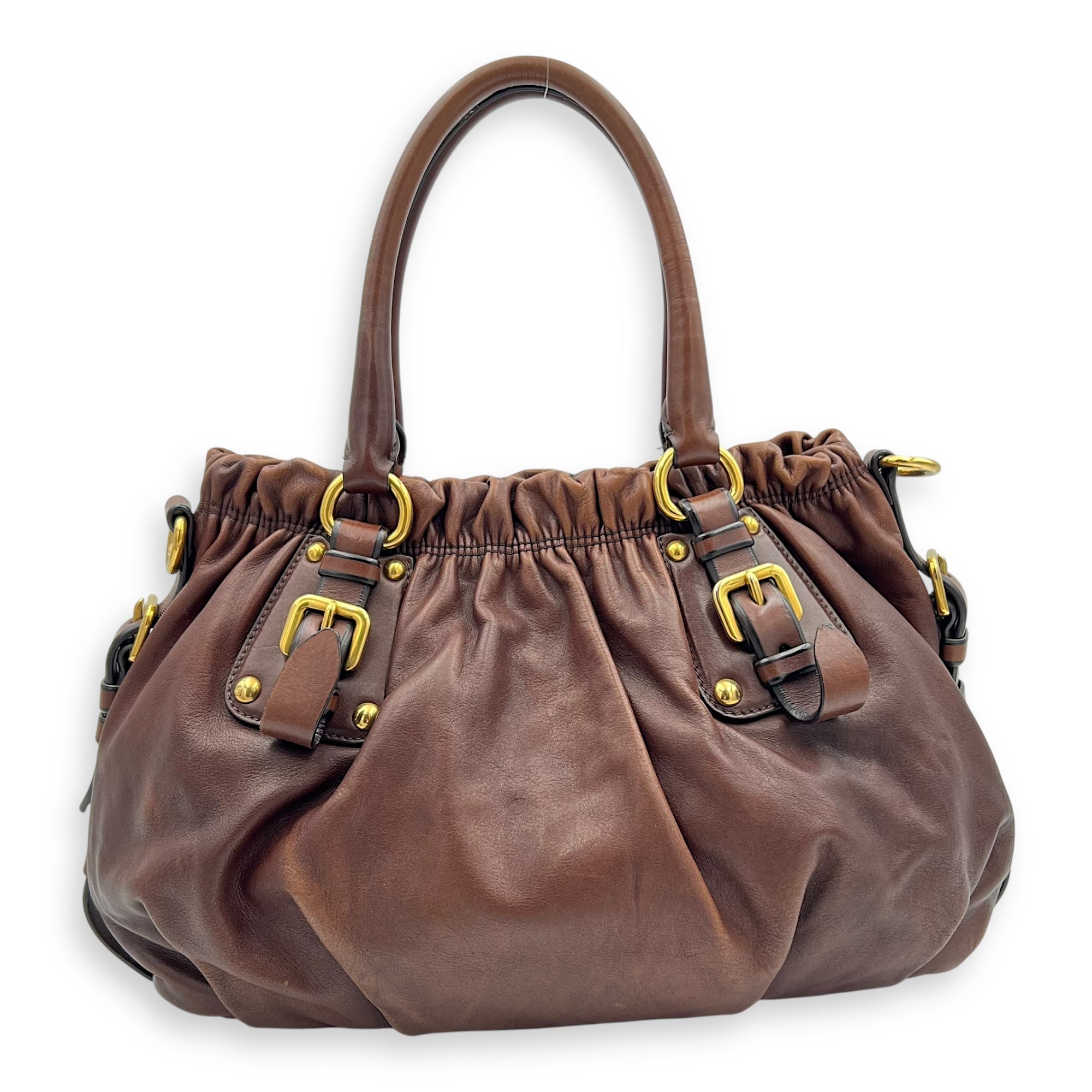 Logo Top Handle Bag Brown in Calfskin, Gold hardware - Image 3
