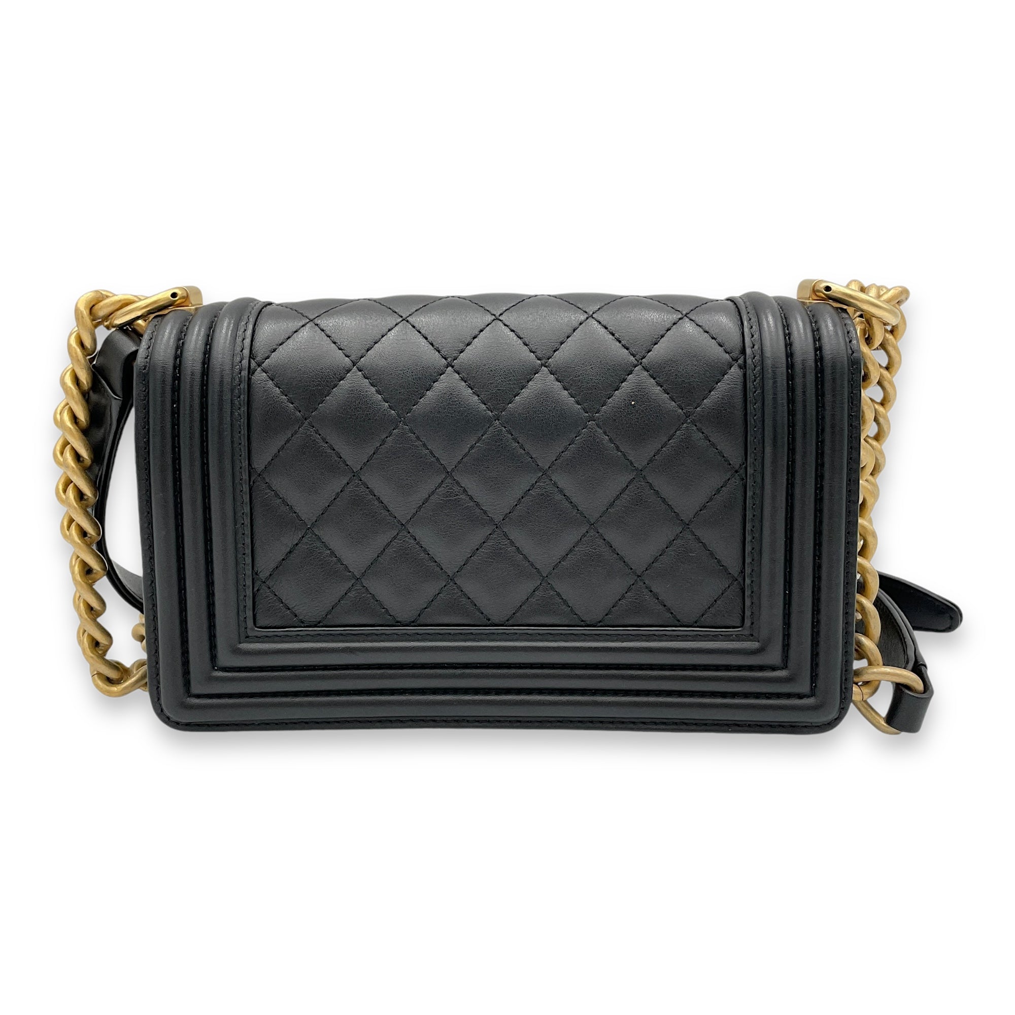 Boy Small Crossbody Bag Black in Calfskin, Brushed Gold - Image 3
