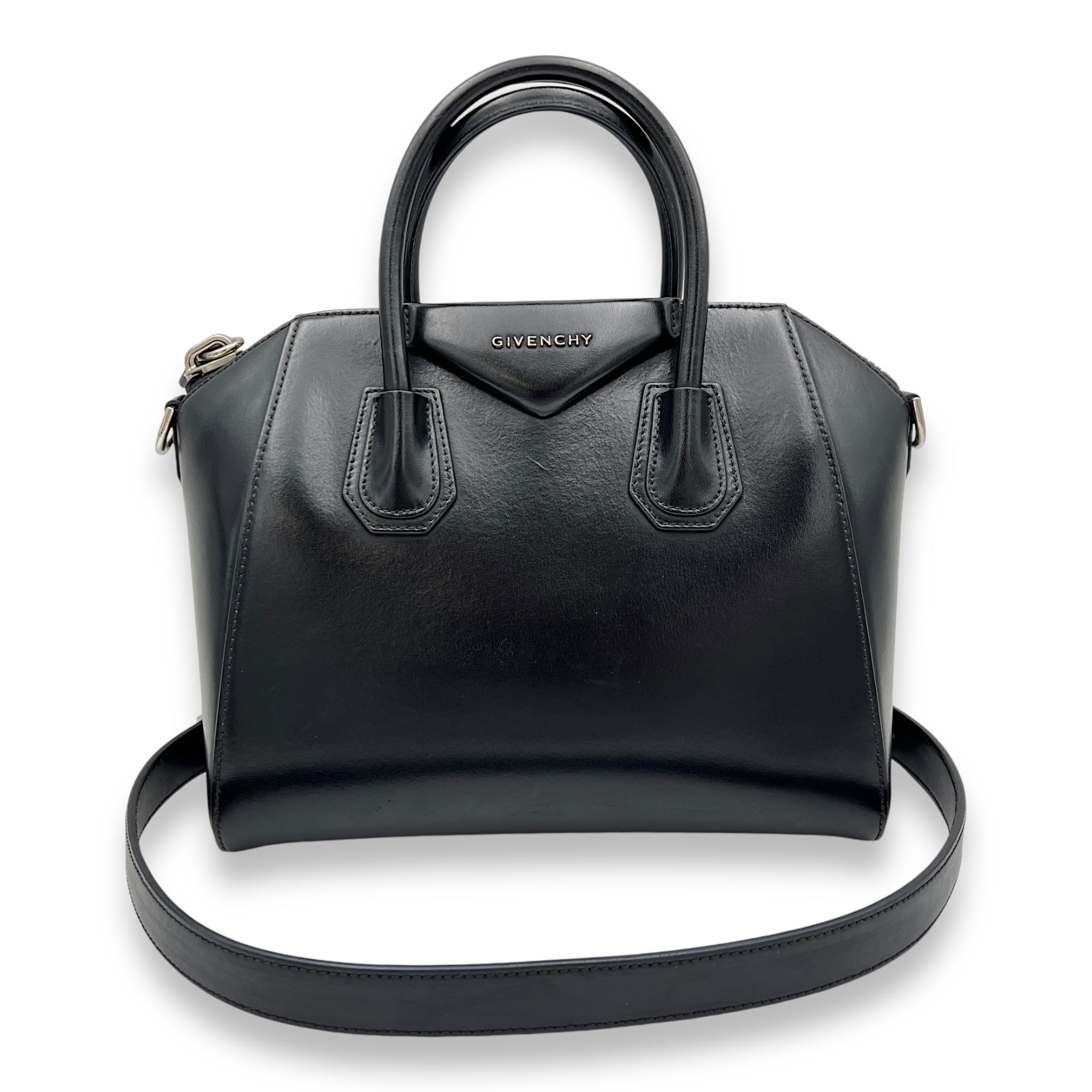 Antigona Small Black Top Handle Bag in Calfskin, Silver hardware - Image 11
