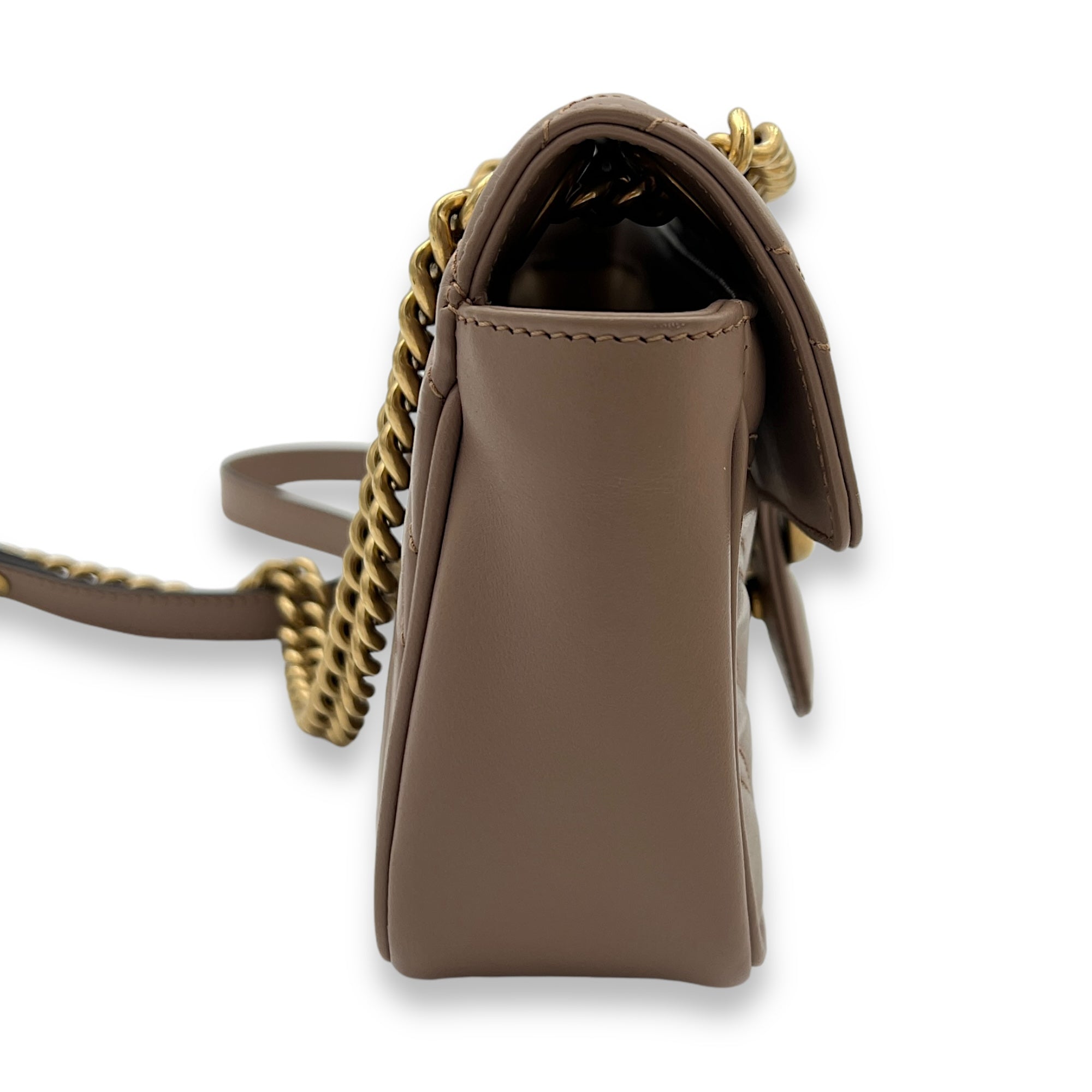 GG Marmont Mini Beige Crossbody Bag in Calfskin, Gold hardware - Image 5