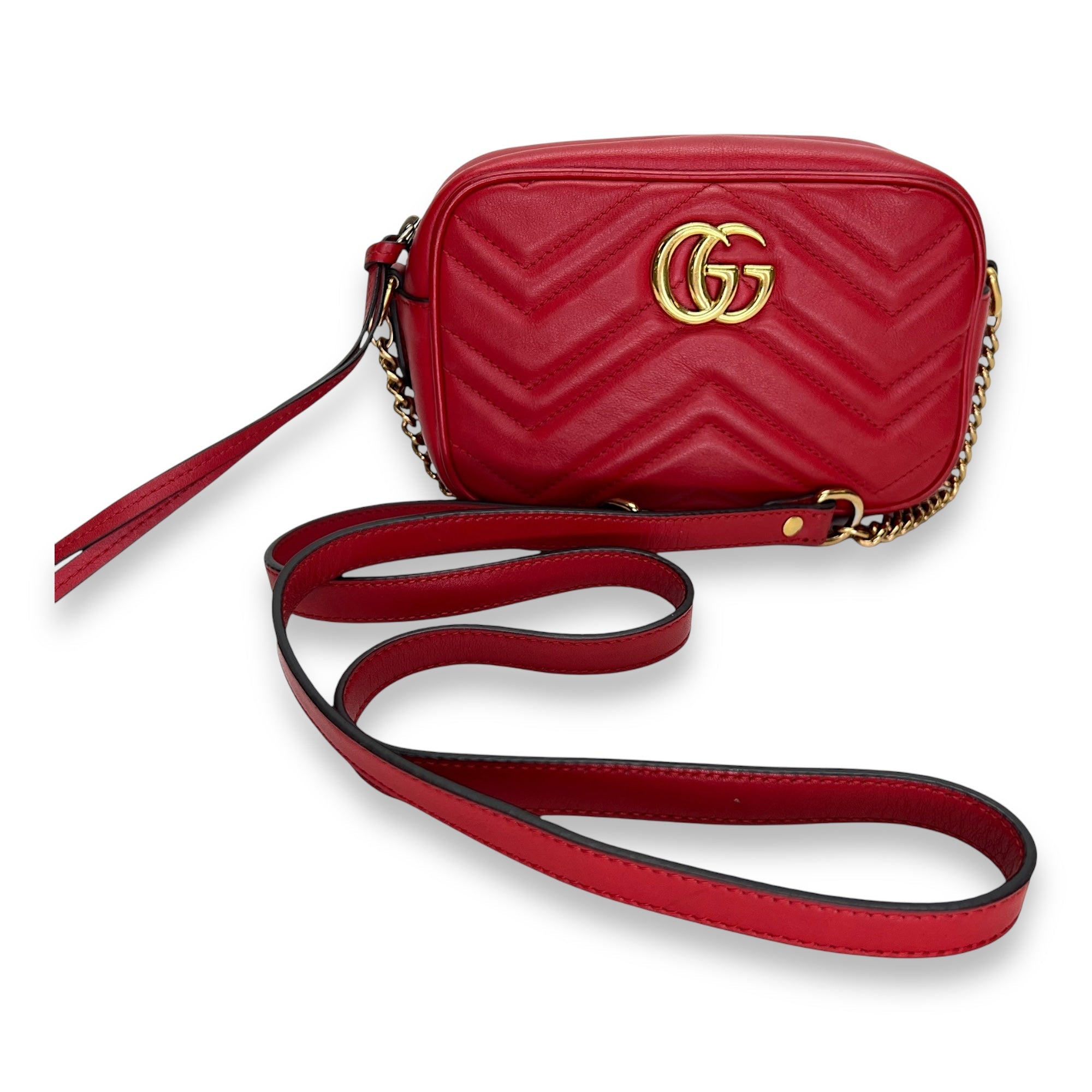 GG Marmont NA Crossbody Bag Red in Calfskin, Gold - Image 9