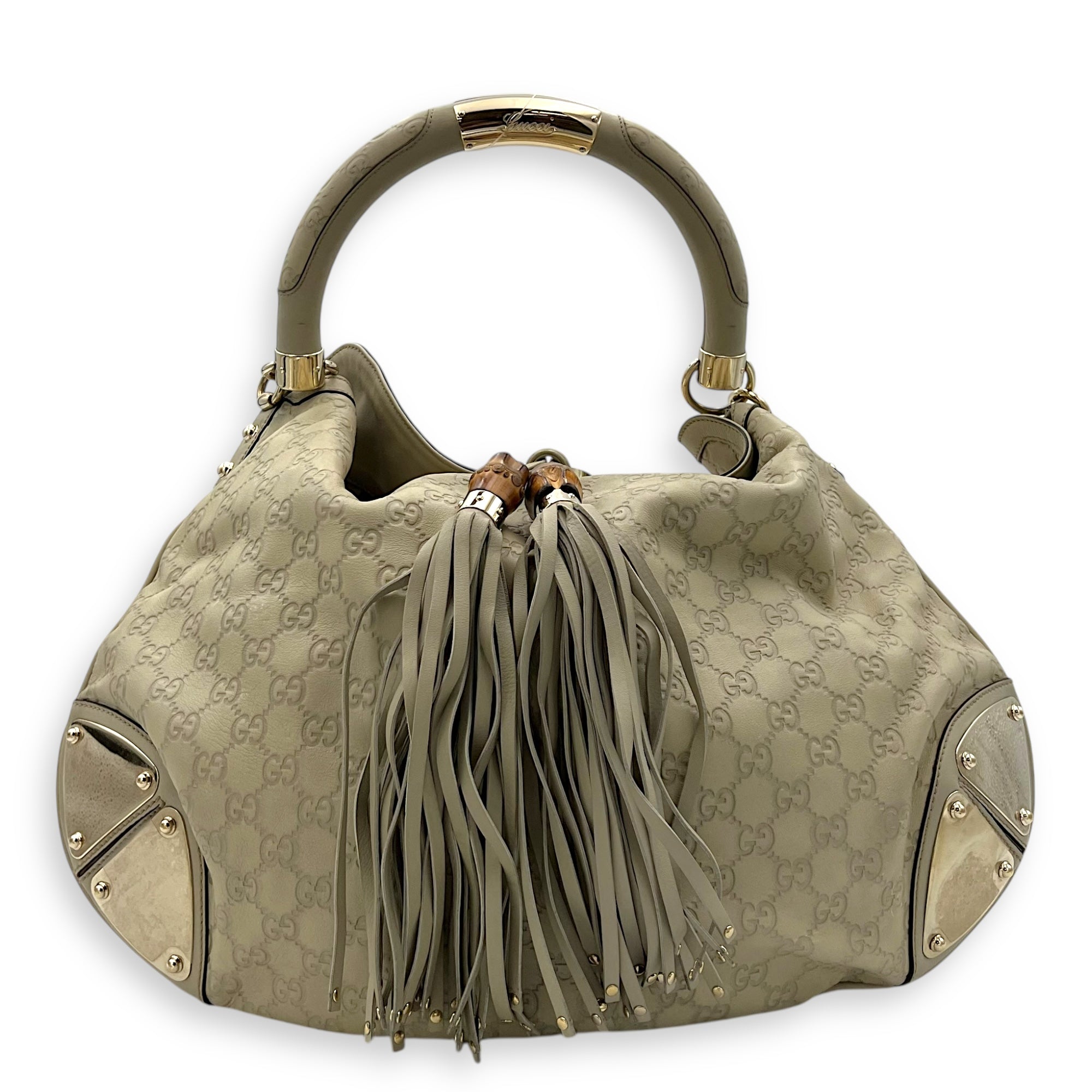 Babouska Indy White Top Handle Bag in Guccissima Leather, Gold hardware