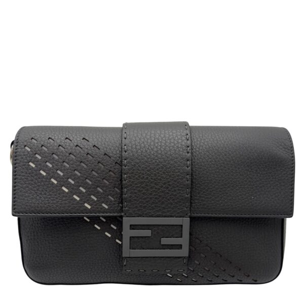 Baguette Crossbody Bag Small Grey in Calfskin, Silver hardware