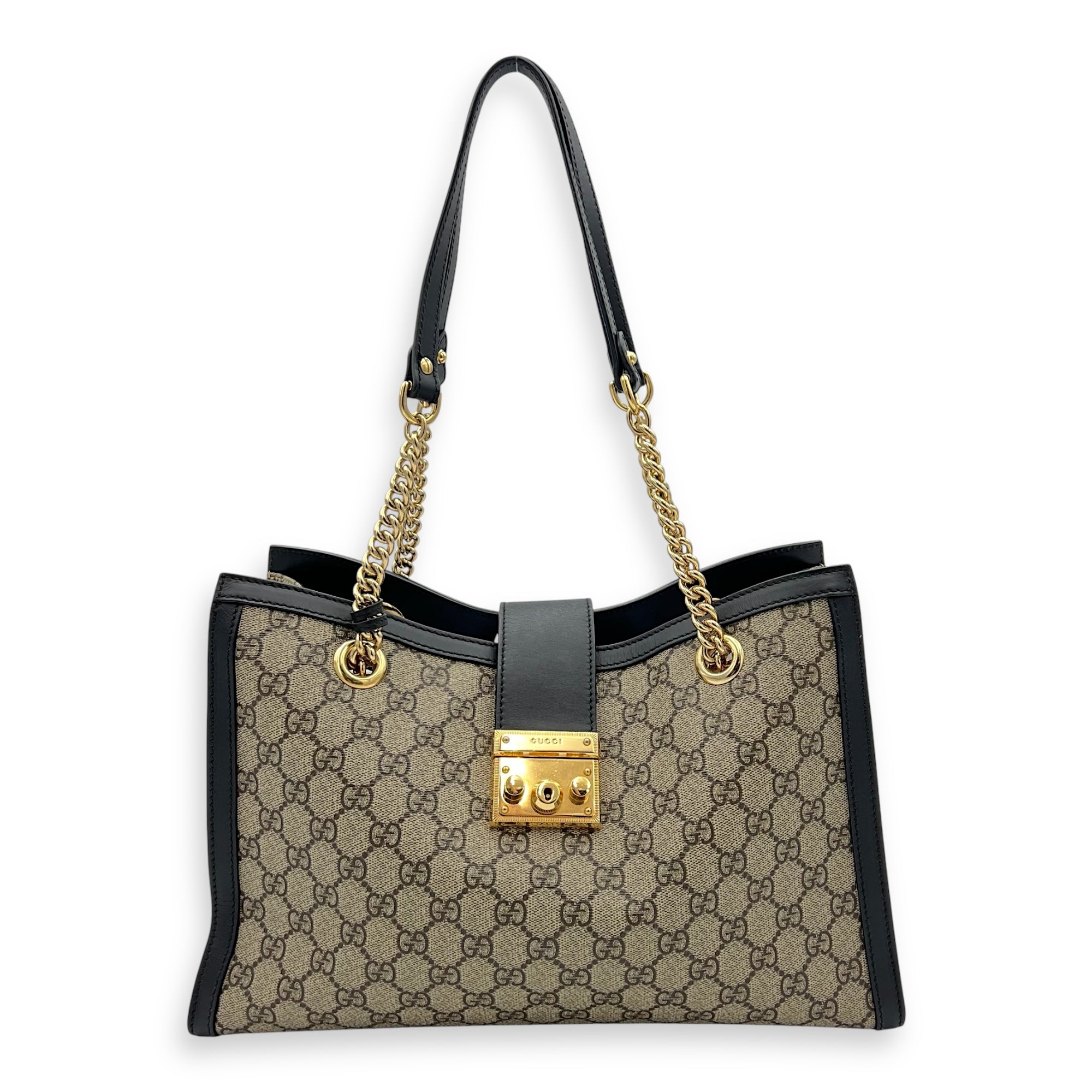 Padlock Tote Bag Beige in Coated Canvas, Gold hardware