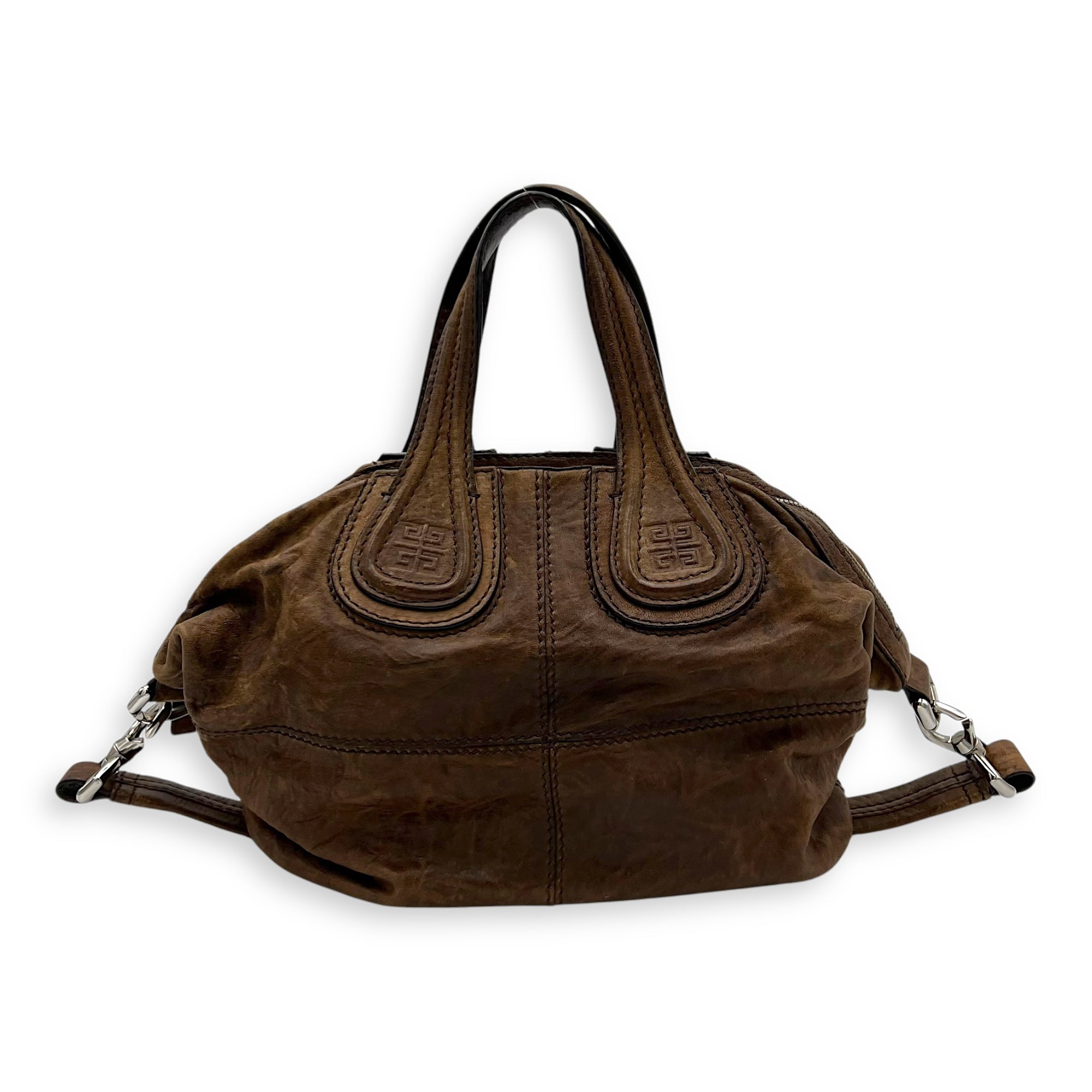 Nightingale Small Brown Top Handle Bag in Distressed Leather, Silver hardware - Image 3