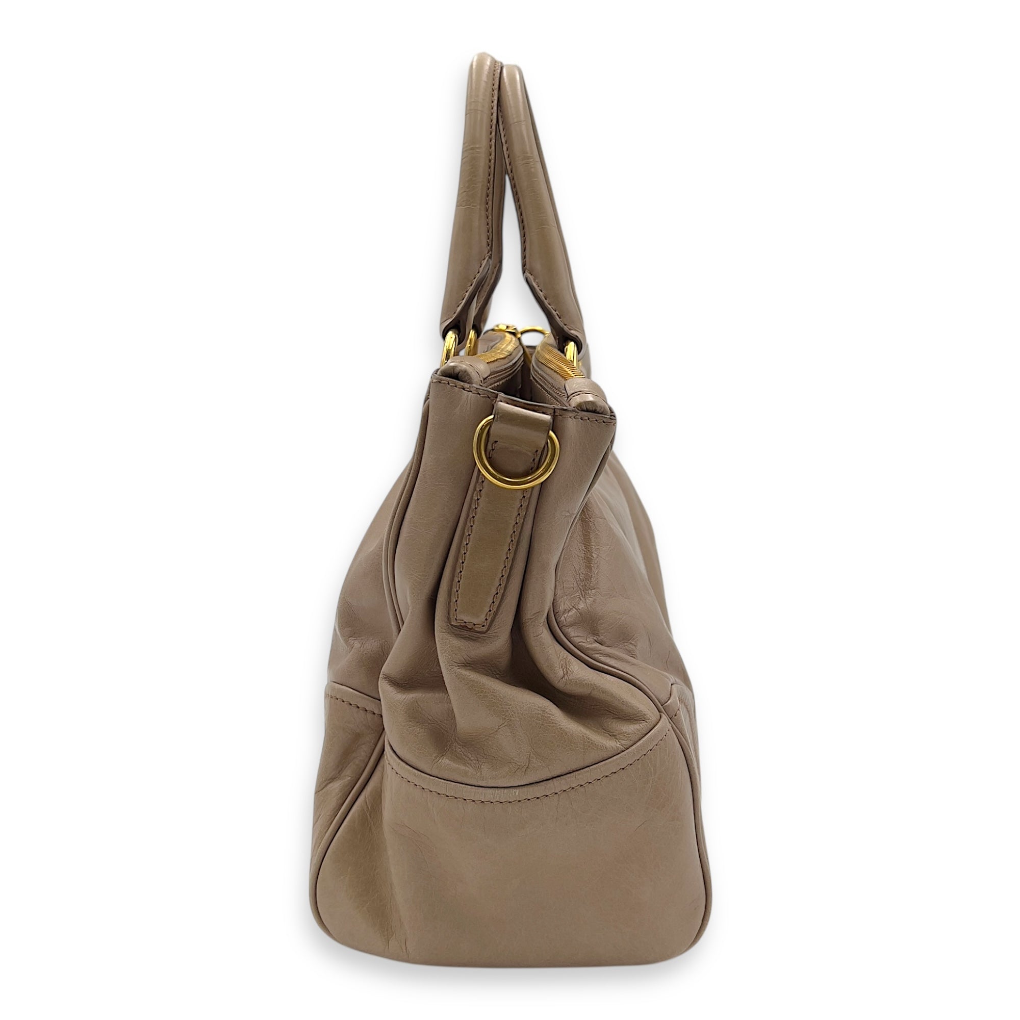 Logo Top Handle Bag Beige in Calfskin, Gold hardware - Image 5