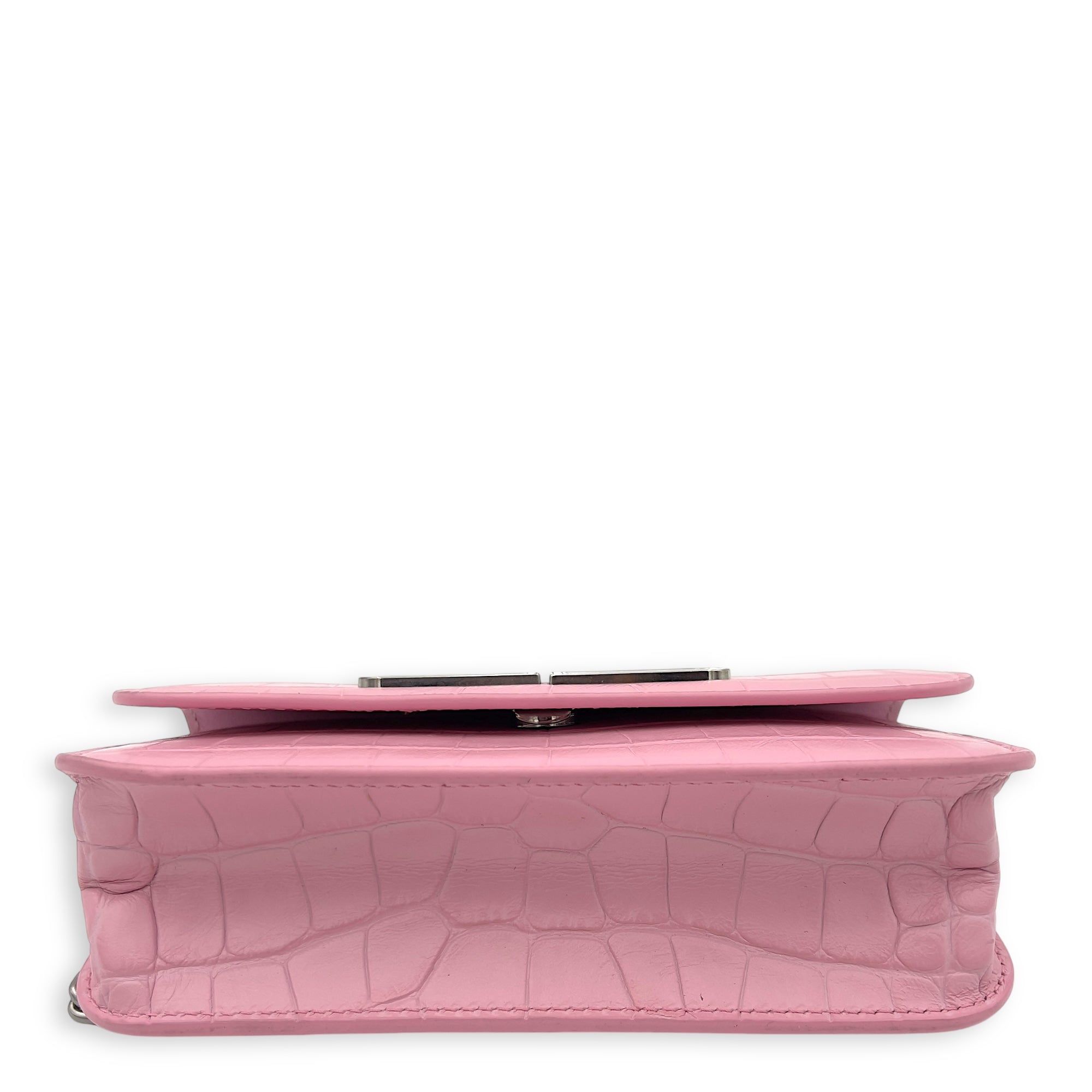 Gossip Pink Wallet On Chain in Crocodile Embossed Calfskin, Silver hardware - Image 10