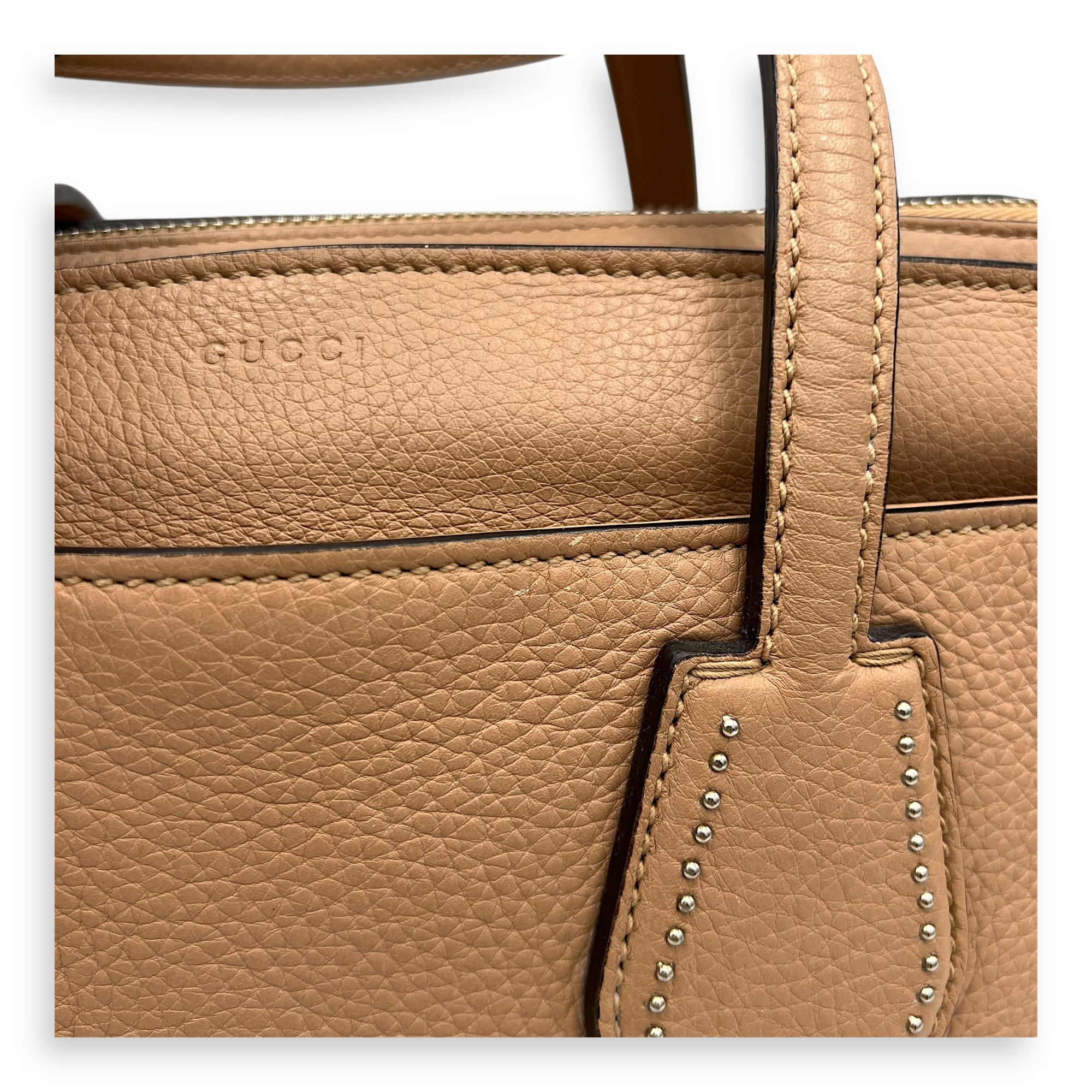 Studded 2 Way Brown Top Handle Bag in Calfskin, Gold hardware - Image 12