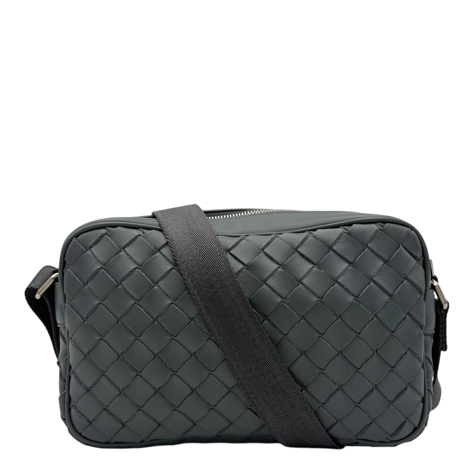 Intrecciato Crossbody Bag Grey in Calfskin, Silver hardware