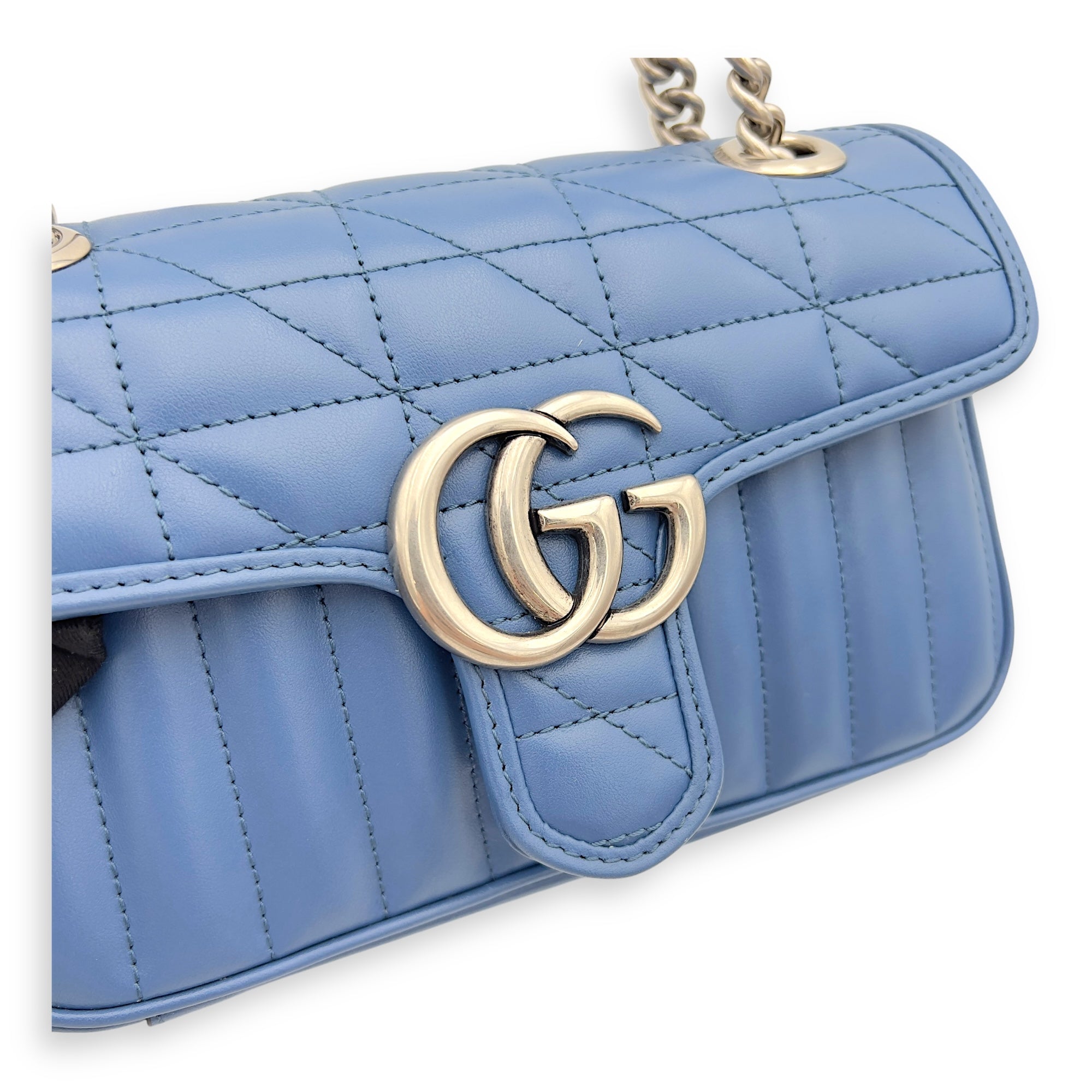 GG Marmont Shoulder Bag Blue in Calfskin, Ruthenium hardware - Image 10