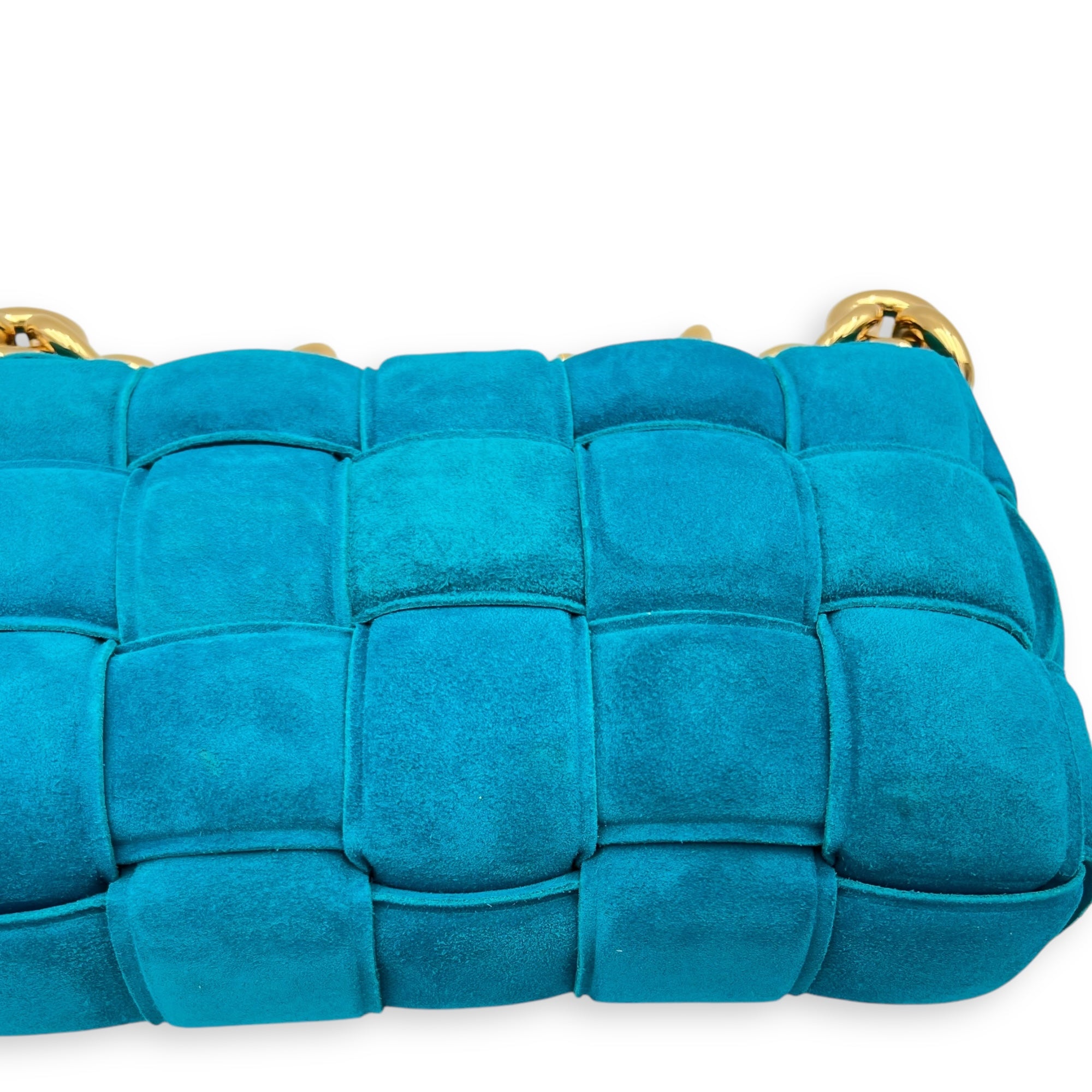 Cassette Crossbody Bag Blue in Suede Leather, Gold hardware - Image 11