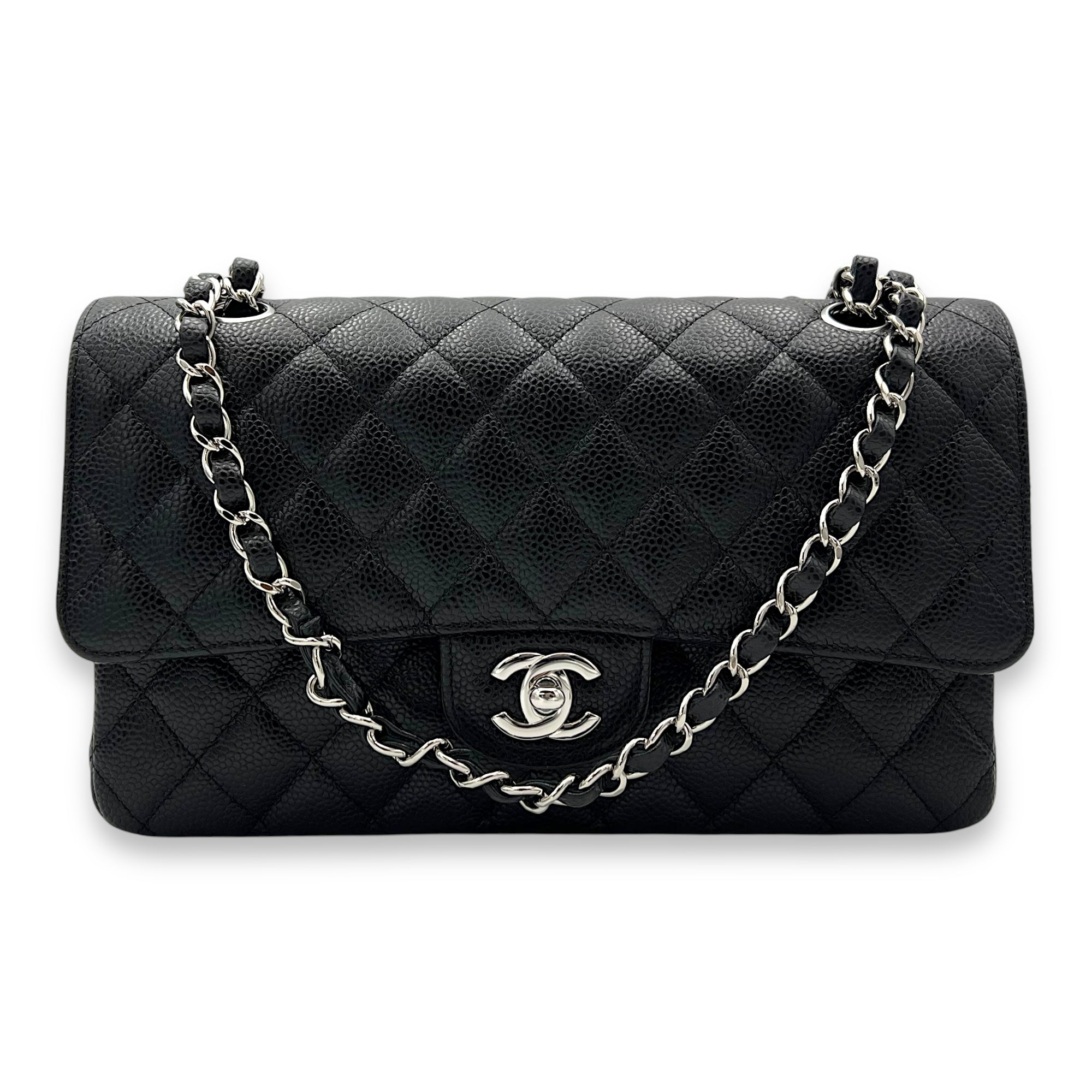 Classic Medium Black Shoulder Bag in Caviar Leather, Silver hardware - Image 11