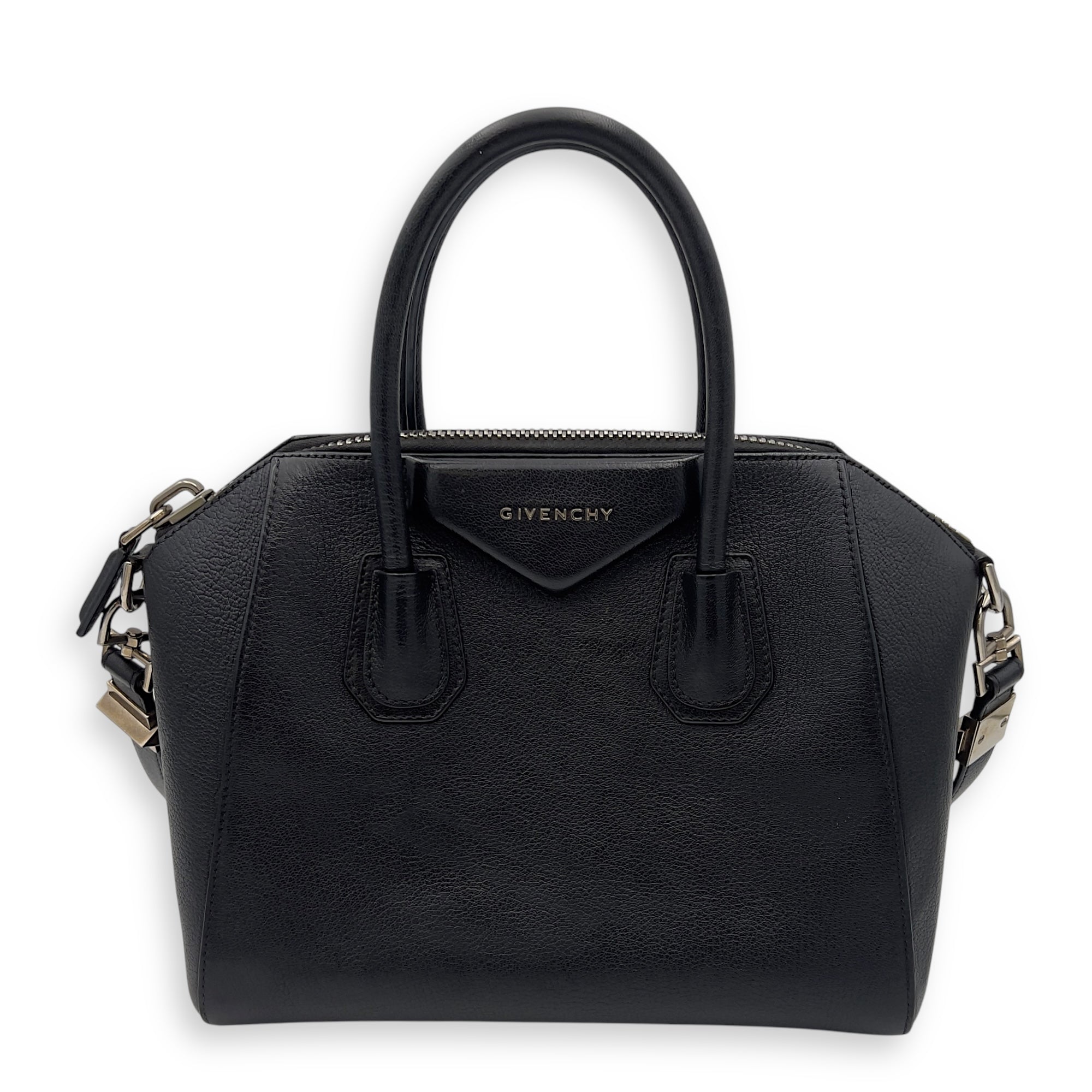 Antigona Black Top Handle Bag in Goat Leather, Silver hardware