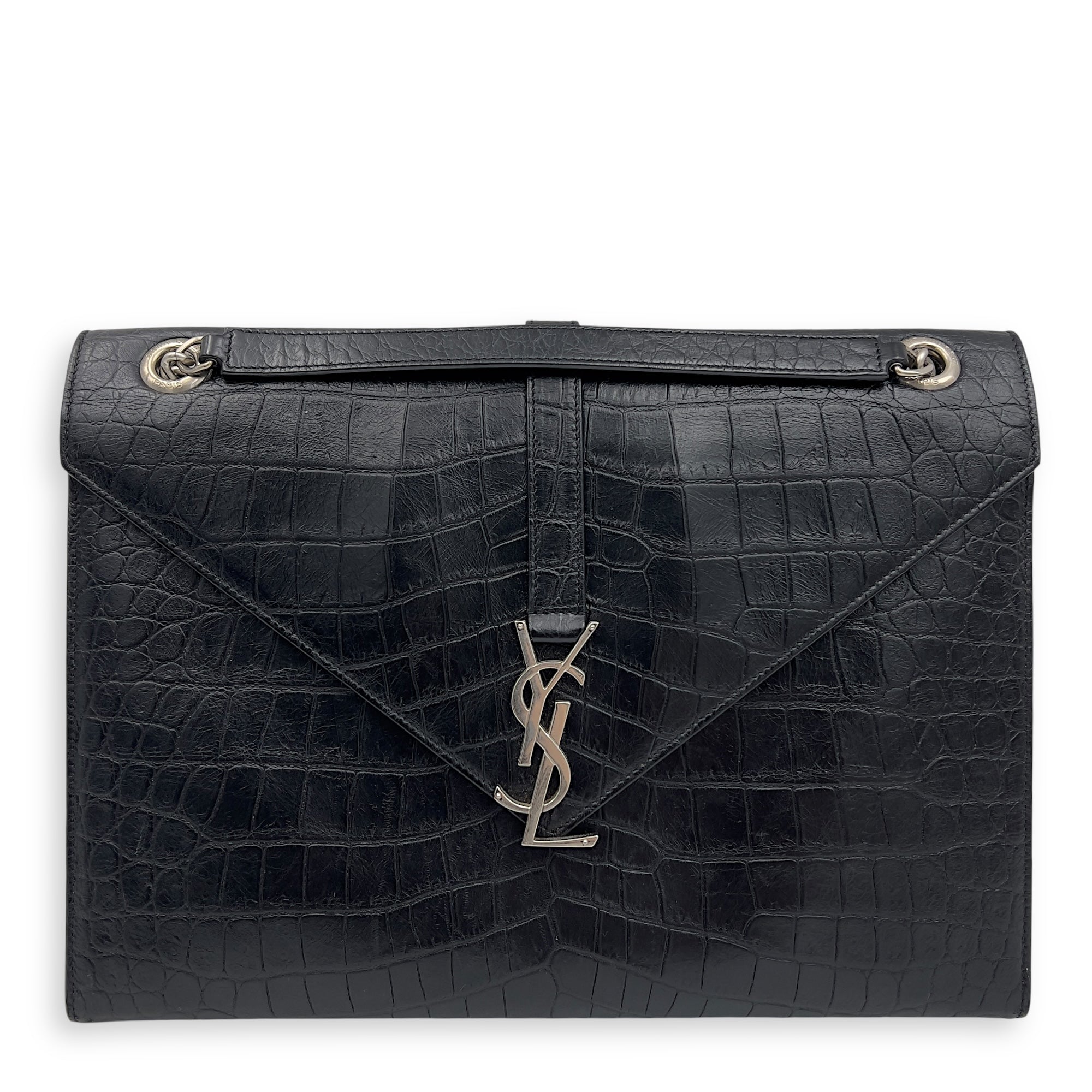 Envelope Shoulder Bag Black in Crocodile Embossed Calfskin, Silver hardware